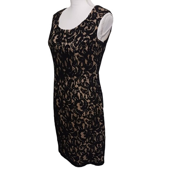 Adrianna Papell Embroidered Lace Overlay Sheath Dress Size 10 Black & Gold/Nude - Picture 5 of 14